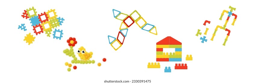 Colorful Children Constructor Toy and Plastic Puzzle Game Elements Vector Set