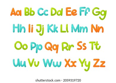 Colorful children font. Glossy kids alphabet in cartoon style. Vector typography for school, preschool and kindergarten design.