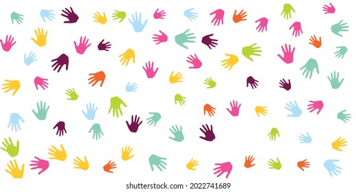 Colorful Children Handprints Art Therapy Concept Background Design. Toddler Paint Hand Prints Art Therapy Background. Children And Adult Handprints, Palms With Five Fingers Isolated.