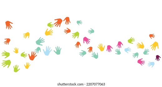 Colorful Children Handprints Art Therapy Concept Background Design. Child Paint Hand Prints Games Background. Children And Adult Handprints, Palms With Five Fingers Isolated.