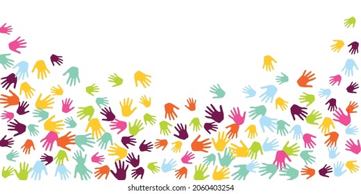 Colorful children handprints nursery games concept background design. Kid paint hand prints play and joy concept. Kids group handprint silhouettes.