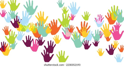 Colorful children handprints nursery games concept vector illustration. Toddler paint hand prints art therapy background. Kids group handprint silhouettes.