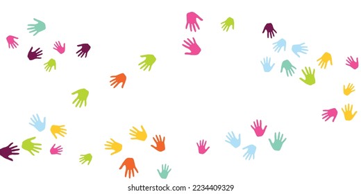 Colorful children handprints preschool education concept background design. Child paint hand prints play and joy pattern. Children and adult handprints, palms with five fingers isolated.