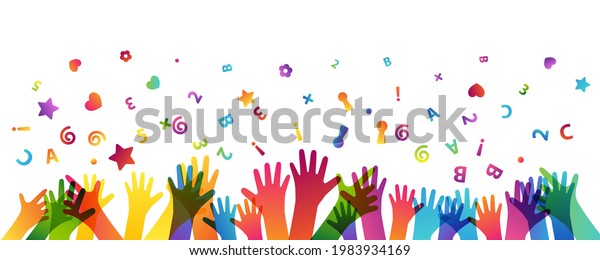 Colorful\
children hands up and fun letters confetti. Horizontal border. Kids\
creative conceptual vector\
illustration.