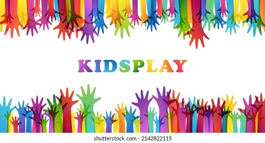 Colorful children hands up.  Kids creative rainbow vector illustration.