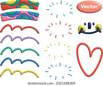 Colorful children line icon collection. Set of funny line doodle decoration , message text , heart , smile with 3d model vector