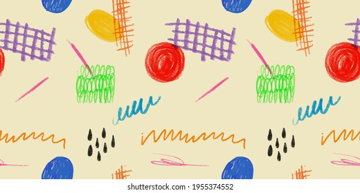 Colorful children pencil doodle seamless pattern illustration. Childish freehand scribble and hand drawn crayon shapes background.