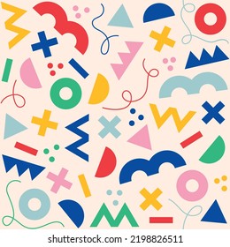 Colorful children seamless pattern. Fun creative trendy background, fashion minimalist design illustration, simple geometric shapes, lines. Flat vector doodles. Textile, print, сartoon 90s, decoration
