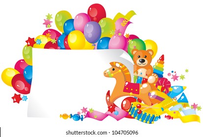 colorful children toys and frame for your text
