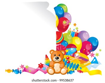 colorful children toys and frame for your text