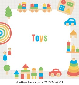 Colorful children wooden toys in frame background illustration