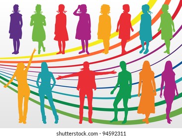 Colorful children and young girls silhouettes illustration collection background vector