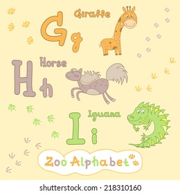 Colorful children's alphabet with animals, giraffe, horse, iguana. Letter G, H, I