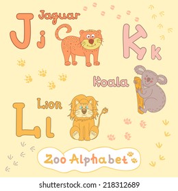 Colorful children's alphabet with animals, jaguar, koala, lion. Letter J, K, L
