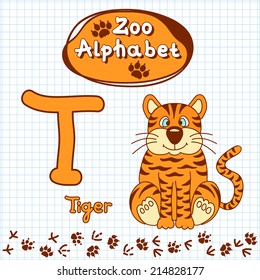 Colorful children's alphabet with animals, tiger, letter T