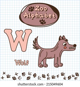 Colorful children's alphabet with animals, wolf, letter W