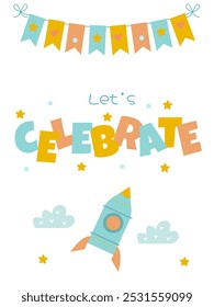 colorful Children's Birthday Card with a rocket flying between the clouds and stars