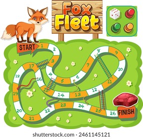 Colorful children's board game with fox and dice
