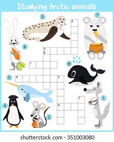 A colorful children's cartoon crossword, education game for children on the theme of studying Arctic animals living in the cold polar bear and the wolf, whale and walrus . Vector illustration