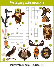 A colorful children's cartoon crossword, education game for children on the theme of exploring different species of wild animals of woods, find a bear, wolf, hares and hedgehogs . Vector illustration