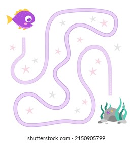 Colorful children's cartoon maze with fishes. Educational game for learning kids. Flat illustration, vector logic game