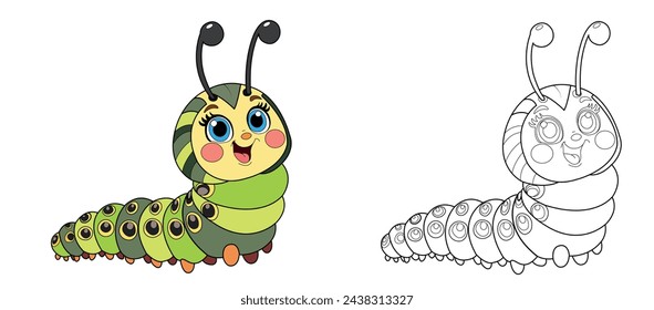 Colorful children's caterpillar in cartoon style. Black and white vector illustration for coloring books. Coloring book for children