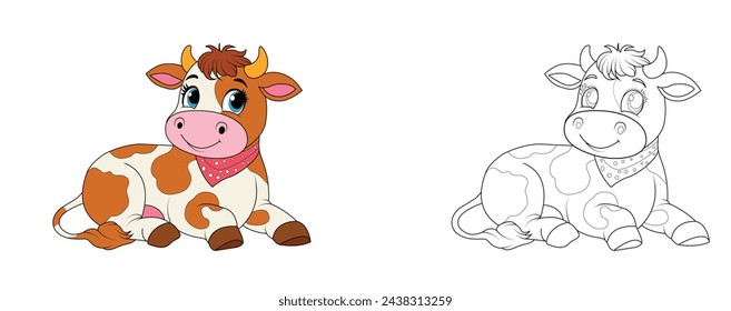 Colorful children's cow in cartoon style. Black and white vector illustration for coloring books. Coloring book for children.