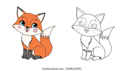 Colorful children's fox in cartoon style. Black and white vector illustration for coloring books. Coloring book for children.