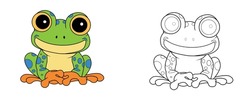 Colorful Children's Frog In Cartoon Style. Black And White Vector Illustration For Coloring Books. Coloring Book For Children.