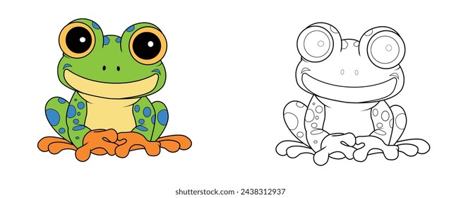 Bunter Kinderfrosch im Cartoon-Stil. Schwarz-Weiß-Vektor-Illustration für Malbücher. Malbuch für Kinder.