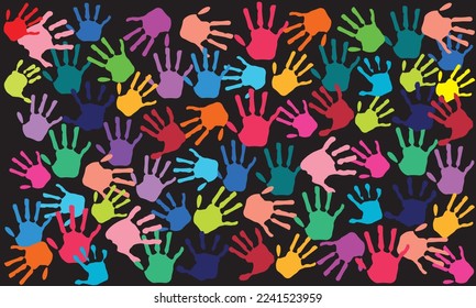 Colorful children's handprint. Creative paint hands prints. Happy childhood design. Artistic children's stamp, shiny human fingers and palms vector illustration