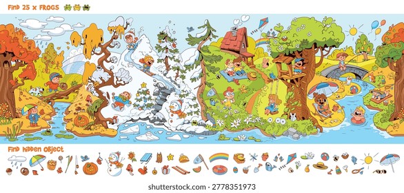 Colorful children's hidden object puzzle featuring four seasons in one panoramic scene. Kids play and search for items across winter, spring, summer, and autumn landscapes. Seamless panorama. Fun educational worksheet for preschool learning, logical thinking, and attention training. Funny cartoon character. Vector illustration. Spot it