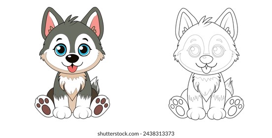 Colorful children's huskies in cartoon style. Black and white vector illustration for coloring books. Coloring book for children.