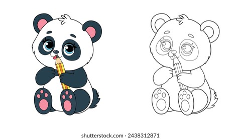 Colorful children's panda in cartoon style. Black and white vector illustration for coloring books. Coloring book for children.