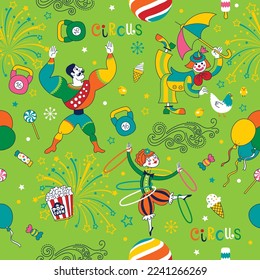 Colorful children's pattern "Circus". Strongman, clown and juggler - circus artists in the arena. Vector graphics