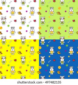 Colorful children's pattern with stylized dogs and toys, the background color of your choice.