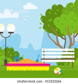 Colorful Children's playground with sandbox, bench.Kids playground. School Children's park. Buildings for city construction. Kindergarten Vector flat design illustration