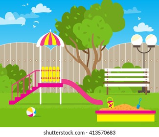 Colorful Children's playground with Swings, slide, sandbox, bench, teeter board. Kids playground. School Children's park. Buildings for city construction. Kindergarten Vector flat design illustration