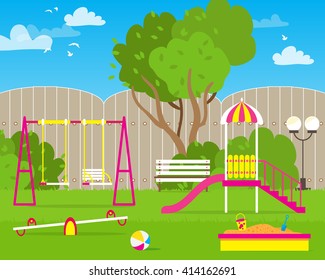 Colorful Children's playground with Swings, slide, sandbox, bench, teeter board. Kids playground. School Children's park.