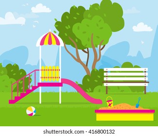 Colorful Children's playground with Swings, slide, sandbox, bench, teeter board. Kids playground. School Children's park. Buildings for city construction. Kindergarten Vector flat design illustration