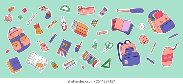 Colorful children's school supplies and stationery illustrations for educational design. Collection of stationery vector illustration, equipment for study scrapbooking and planners. 	