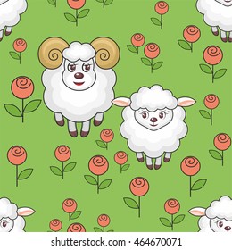 Colorful children's seamless pattern in cartoon style with the image of sheep on meadow