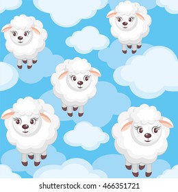Colorful children's seamless pattern in cartoon style with the image of sheep and clouds