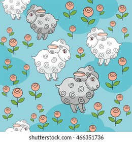 Colorful children's seamless pattern in cartoon style with the image of sheep on meadow