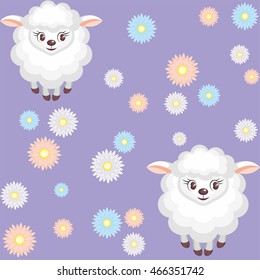 Colorful children's seamless pattern in cartoon style with the image of sheep on meadow
