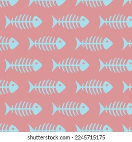 Colorful children's seamless pattern with skeletons of small fish for girls, boys, fashion textile, sport clothes. Pink background