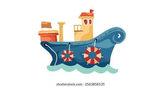 Colorful children's ship in a cartoon vector style