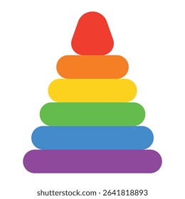 Colorful children's toy pyramid vector illustration. Stacking rings, educational toy, Montessori learning, baby development, rainbow colors, isolated on white background.