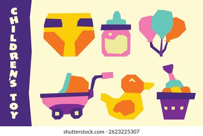 Colorful children's toy vector illustration design element in cut-out style, featuring wagon, toy duck, baby bottle, perfect for stickers, educational and kids' material.