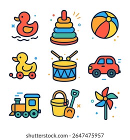 Colorful children's toys, including a duck, stacking rings, ball, drum, car, train, bucket, shovel, and pinwheel.